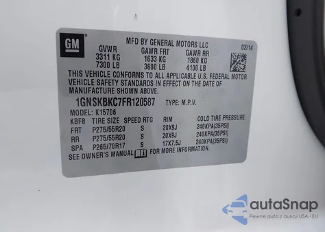 2015 Chevrolet Tahoe Lt from USA, damaged, VIN 1GNSKBKC7FR120587